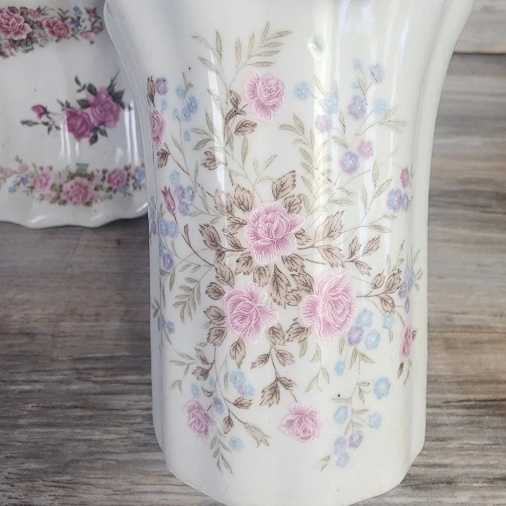Vintage Ceramic Floral Bathroom‎ Set 3pc Soap Dish Tumbler Toothbrush Holder New